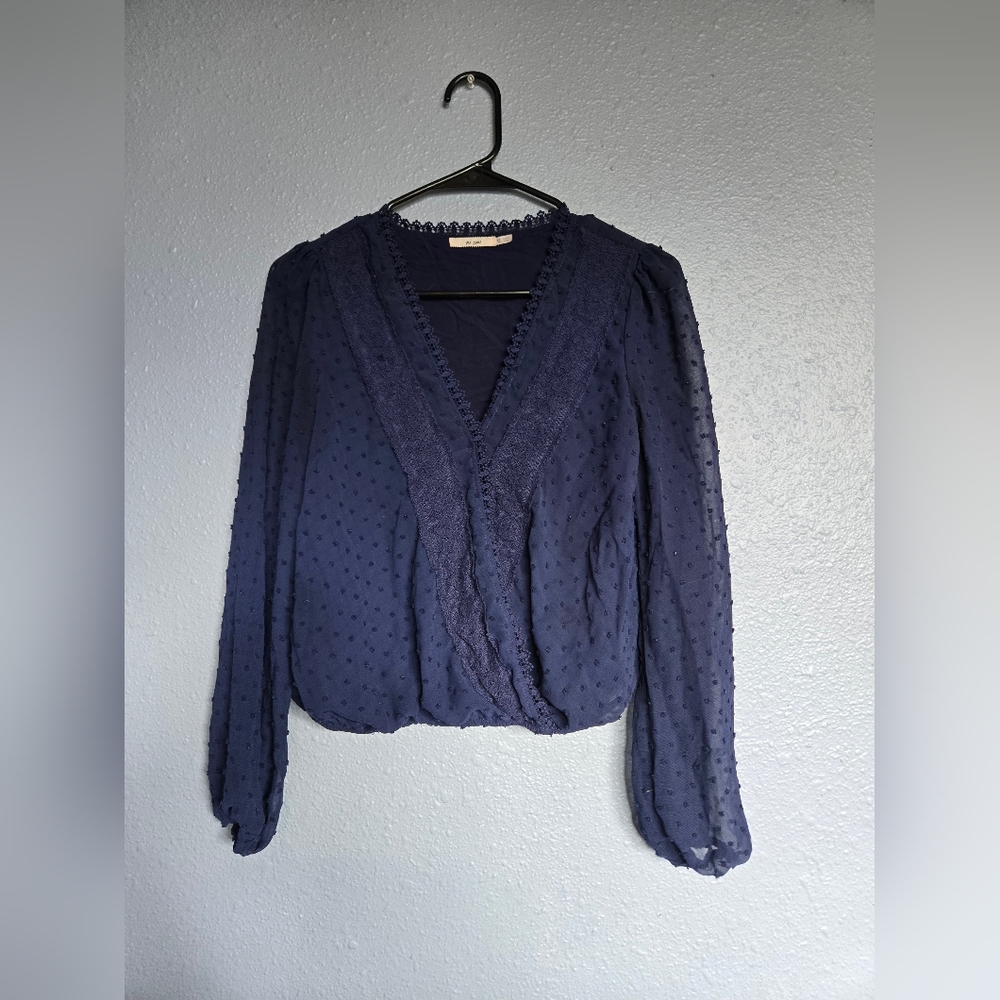 Navy Sheer Blouse with Lace Trim